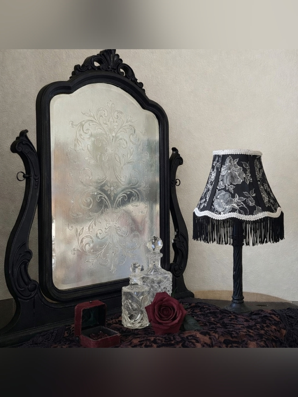 Black White Fringe Floral Lampshade Statement Shade Handmade Upcycled Victorian